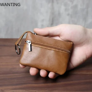 Retro Genuine Leather Mini Zero Wallet For Men And Wom, Solid Color Top Layer Cowhide Zipper Small Card Bag, Minimalist Coin Bag