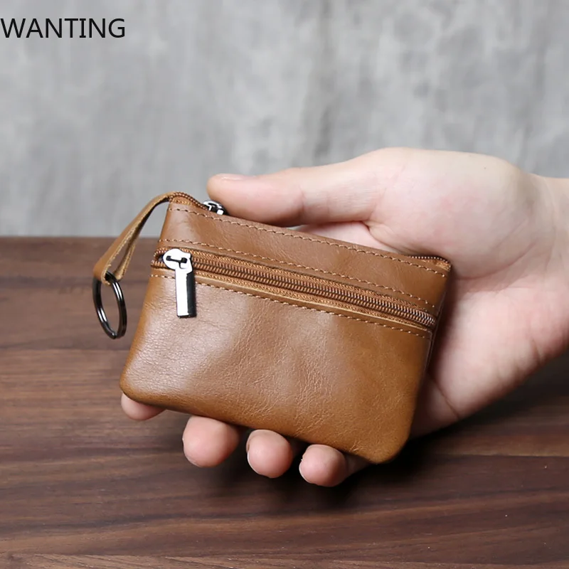 Retro Genuine Leather Mini Zero Wallet For Men And Wom, Solid Color Top Layer Cowhide Zipper Small Card Bag, Minimalist Coin Bag